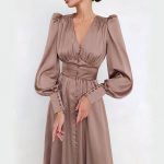 Single Breasted Long Sleeve Satin Dress Elegant V Neck Women Midi Dress (10)