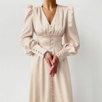 Single Breasted Long Sleeve Satin Dress Elegant V Neck Women Midi Dress (3)
