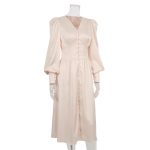 Single Breasted Long Sleeve Satin Dress Elegant V Neck Women Midi Dress (8)